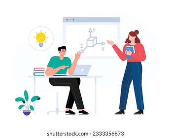 two female and male students are discussing and giving ideas about the correct mathematical formula to complete their assignment
flat design, vector illustration