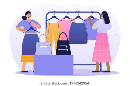 Two female merchandisers are working in a shop together. Concept of professional showcase designer marketer staff in store. Setting up promotional sale. Flat cartoon vector illustration