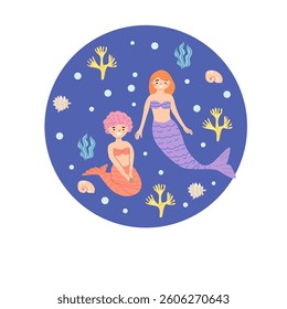 Two female mermaids with coral and seashells on blue background.