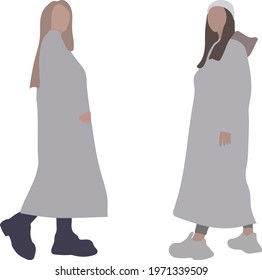 Two female models in a trendy gray coat