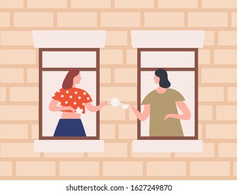 Two female neighbors drinking tea together vector flat illustration. Cartoon woman gossiping through window inside home. Exterior of building, friendship and neighborhood concept