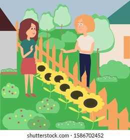 Two female neighbors talk through the fence of their homes. Acquaintance of neighbors. Vector stock illustration
