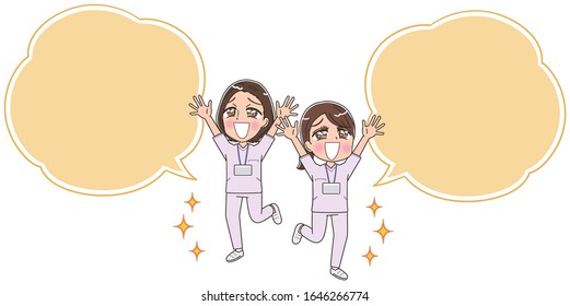 Two female nurses wearing whitish uniforms.They have positive emotions.With speech balloon.