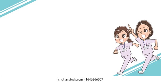 Two female nurses wearing whitish uniforms.They have positive emotions.With copy space.