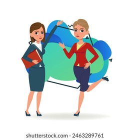 Two female office employees busy in office. Business characters with folder with documents and in hurry. Flat vector illustration. Work, office, colleagues concept for website design or landing page