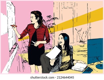 Two female office workers with document. One writing on whiteboard. Business communication and teamwork concept. Black and white hand drawing with pen and ink. Engraving, etching, sketch style.