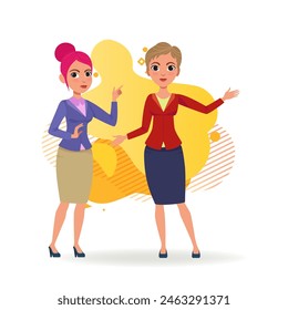 Dos trabajadoras de oficina apuntando al copyspace. Personajes de dibujos animados de negocios en ropa formal. Ilustración vectorial plana. Negocio, publicidad, concepto de marketing para el Anuncio, diseño de Sitios web, página de destino