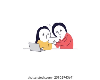Two female office workers prevent human error through feedback and double-checking