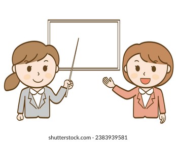 Two female office workers in suits giving an explanation at a presentation