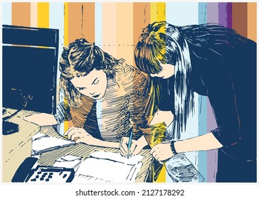 Dos trabajadoras de oficina escriben o firman un documento financiero. Comunicación comercial y concepto de trabajo en equipo. Dibujo de mano en blanco y negro con lápiz y tinta. Grabado, grabado, estilo de esbozo.