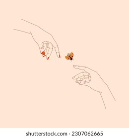 Two female palms facing each other with flying ladybug between them. Concept of beauty, harmony, friendship, psychological help, hand skin care, love for yourself and for nature. Vector illustration.