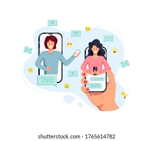 Two female persons are chatting on mobile phones. Flat cartoon design vector illustration.