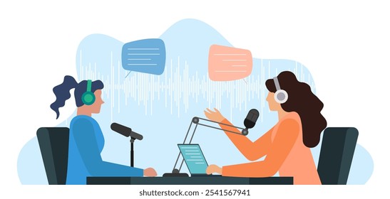 Dos personas femeninas que graban la discusión audio en estudio radiofónico on-line. Entrevista en podcast con micrófonos y auriculares. Canal de transmisión en vivo podcasting y programa de transmisión