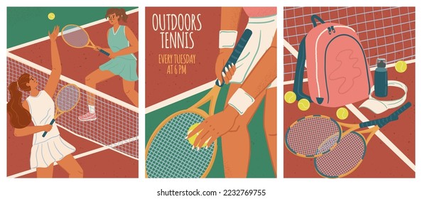 Dos mujeres juegan al tenis en una cancha. Afiches vectoriales de juego deportivo. Balón de tenis, red y raquetas. Competencia deportiva y formación