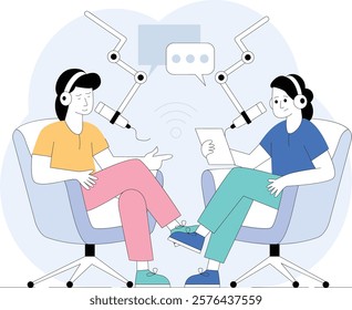 Two female podcasters at interview setup sharing thoughts concept, Engaging informal discussions for casual listeners vector design, Podcast slice-of-life journalism scene, Web television series stock