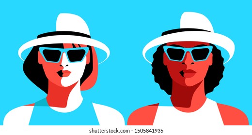 Two female portrait, full faces. Young european and african girls in white hat and sunglasses. Vector illustration