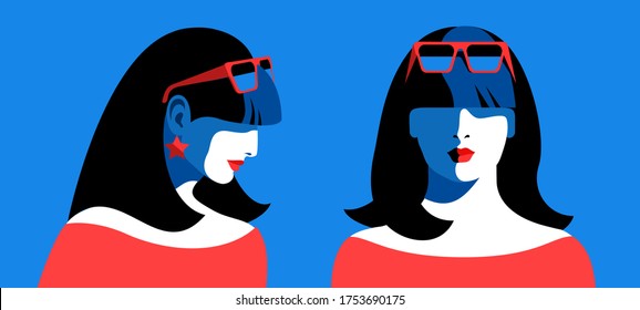 Two female portraits, full face and side view. Young woman with long black hair, wearing red dress and sunglasses. Vector illustration