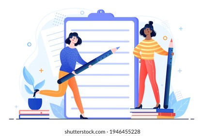 Two female professional writers are standing next to clipboard with pencil. Concept of creative people and profession. Author writing article or novel. Flat cartoon vector illustration