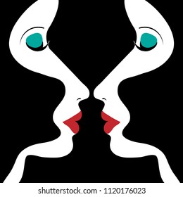 Two female profiles approach each other as if to kiss in a minimalist chiaroscuro beauty and fashion illustration.