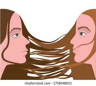 Dos perfiles femeninos observándose uno al otro sobre un fondo blanco