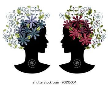 Two female profiles with retro floral elements