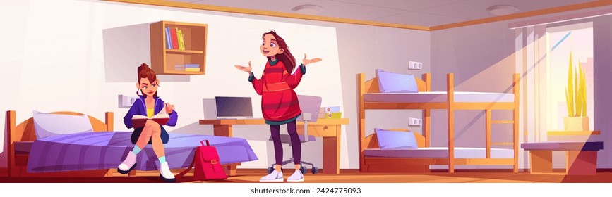 Dos compañeras de piso estudiantes hablando en dormitorio compartido con litera, estantería y mesa con computadora portátil. Vector de dibujos animados de la universidad o campus universitario interior de alojamiento con las niñas estudiando.