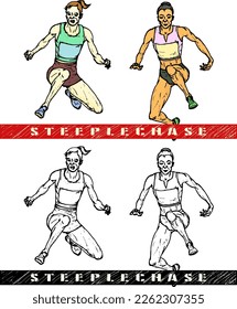 Dos corredoras compiten en la carrera de la fase estequifática, aisladas contra las blancas. Ilustración vectorial dibujada a mano.