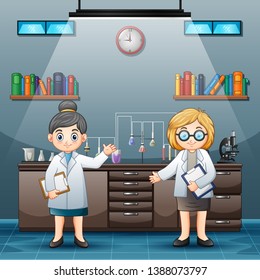 Two female scientist in white lab coats in a laboratory room