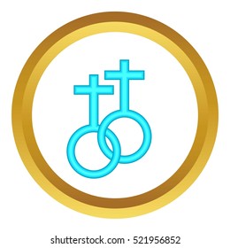Two female sign vector icon in golden circle, cartoon style isolated on white background