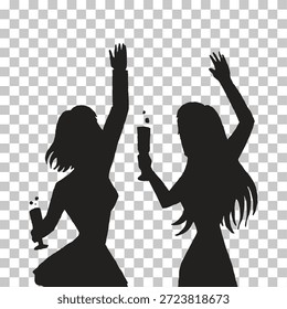 Dos siluetas femeninas bailando y celebrando con bebidas, disfrutando de una fiesta o evento social.