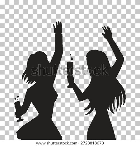Two female silhouettes dancing and celebrating with drinks, enjoying a party or social event.
