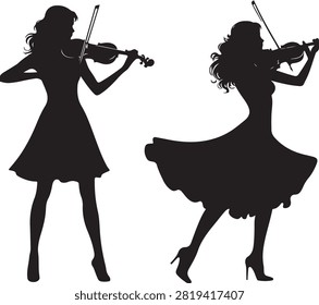Two female silhouettes playing violin with elegant dresses and poised stances.