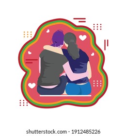 Two female sitting on back view close together and enjoying view in front of them. Romantic moment or LGBT or family time together concept vector illustration.
