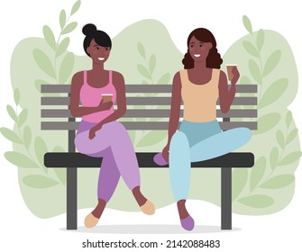 Two female sitting on bench in park holding a drink coffee in hand. Vector illustration. Dark skinned friends communication meeting, people smiling, girl friends, sitting together outdoor in a park. 