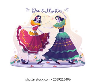 Dos bailarinas de cráneo bailando juntas celebrando el Día de los Muertos Tradicional de Halloween en México. Ilustración vectorial plana