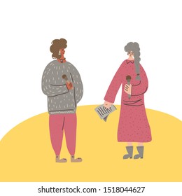 Two female speakers characters. Young fancy women standing with microphone and having a conversation. Orator speaking. Girls with mike in full length. Vector flat color illustartion.