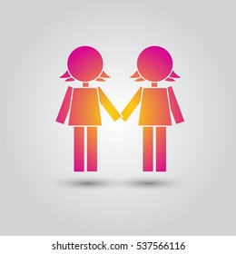 Two female stick figures standing beside each other, lesbian icon. Friendship.