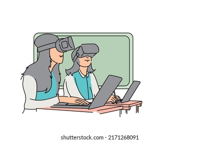 Two female students having class in VR world. Flat vector illustration design