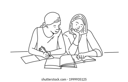 Two female students prepare for exams, studying process concept. Hand drawn vector illustration.