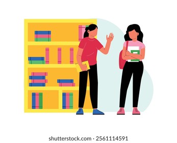 two female students are standing in the library carrying books, they are chatting about their studies.
design, vector, illustration