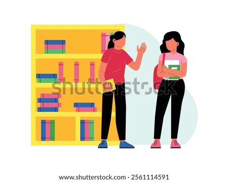 two female students are standing in the library carrying books, they are chatting about their studies.
design, vector, illustration