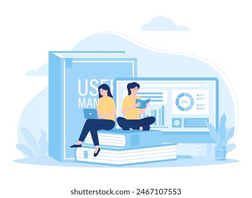 Two female students are studying together trending concept flat illustration