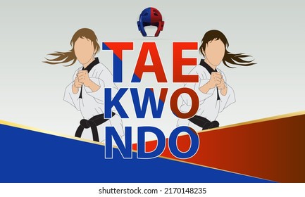 Two Female Taekwondo Martial Arts Athletes Stand In A Fighting Chance With Their Arms Beat At The Elbows And Fists Clenched. Abstract Sports Background.