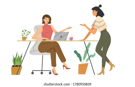 Two female talking on desk in office workplace. Concept of happy working, brainstorming, discussion, colleagues talking, working woman, break time, employee, work space. Flat vector illustration.