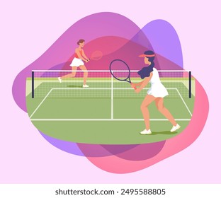 Two female tennis players with rackets on court. Women playing tennis together outside flat vector illustration. Tennis, competition, sports concept for banner, website design or landing web page