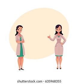Two female, woman doctors in white medical coats, one with arms folded, another showing thumb up, cartoon vector illustration with space for text. Full length portrait of two female doctors