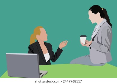 Two female worker colleague taking a break rest have happy fun chat and enjoy drinking coffee in the office.eps