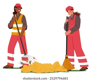 Two Female Workers In Reflective Uniforms Raking And Sweeping Autumn Leaves Into Piles In A City Park Environment. Cartoon Workers Characters Focused On Their Tasks Of Seasonal Cleanup And Maintenance