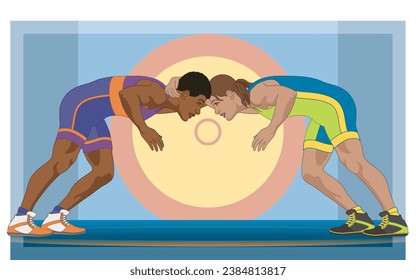 two female wrestlers in greco-roman wrestling pose with mat in the background