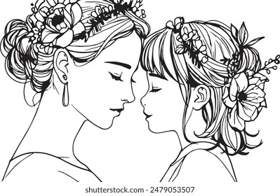 Two females standing near to each other and wearing floral crowns are depicted in a black and white line painting.